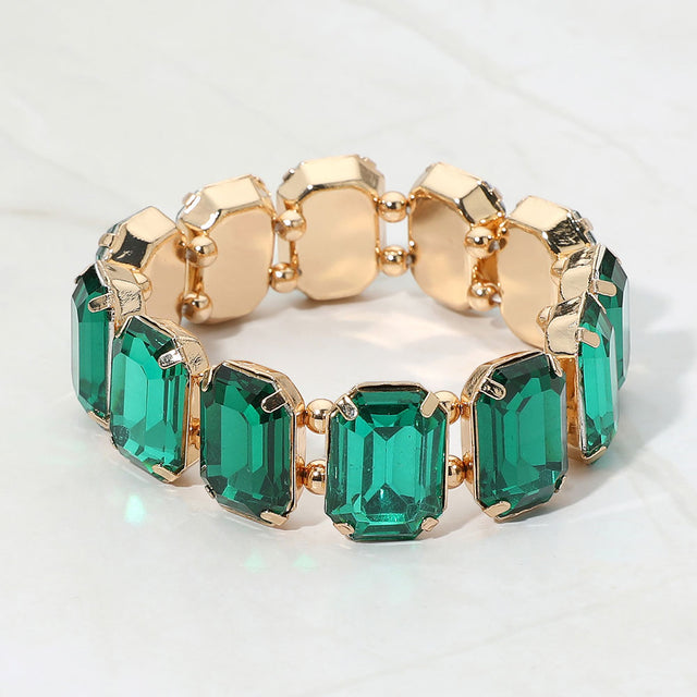 Madeline Love Gold, Green Emerald Cut Gem Beaded Stretch Evening Bracelet