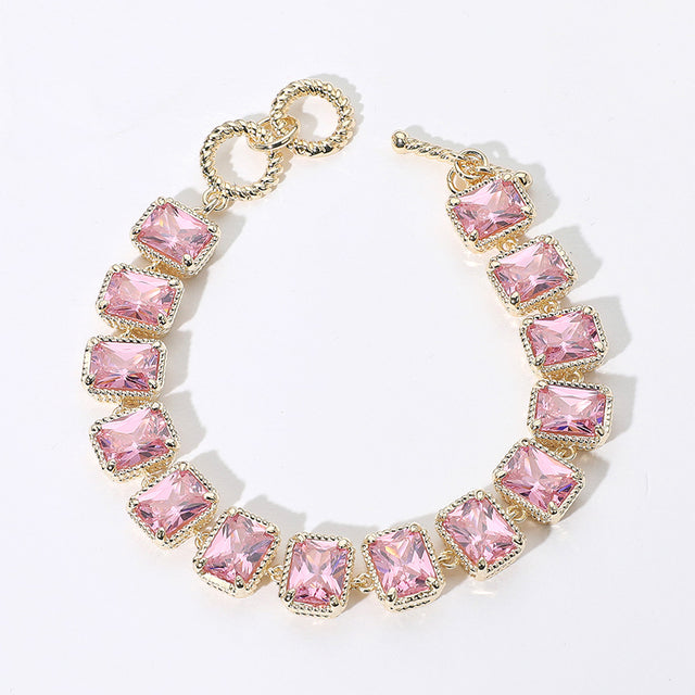 Madeline Love Gold, Pink 14K Gold Plated CZ Emerald Cut Stone Cluster Link Evening Toggle Bracelet