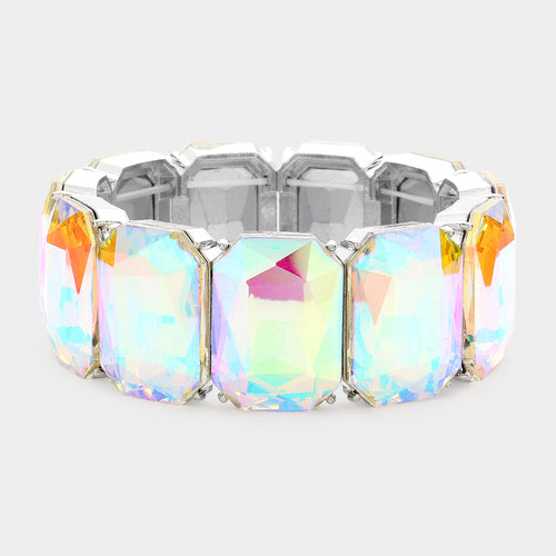 Women's Emerald Cut Stone Stretch Evening Bracelet 4th of July - AB, Silver