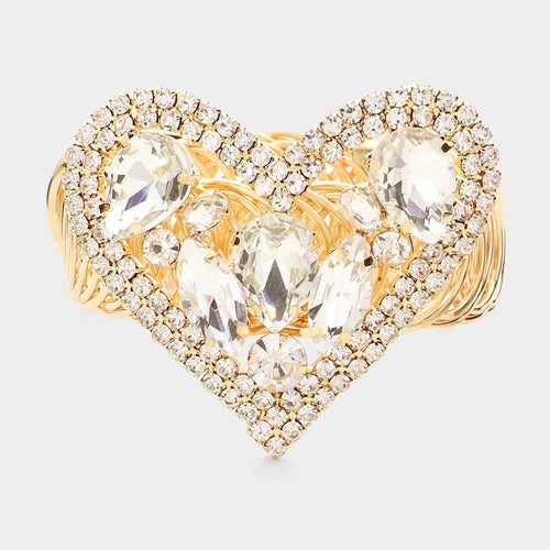 Marquise Teardrop Stone Cluster Embellished Rhinestone Paved Heart Pointed Adjustable Evening Bracelet / Arm Cuff - Clear, Gold