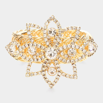 Madeline Love Clear, Gold Round Stone Pointed Rhinestone Paved Flower Adjustable Evening Bracelet / Arm Cuff - Body Jewelry