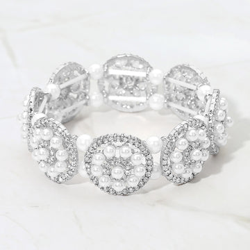 Madeline Love Rhodium, White Pearl Floral Beaded Stretch Evening Bracelet - Bracelets