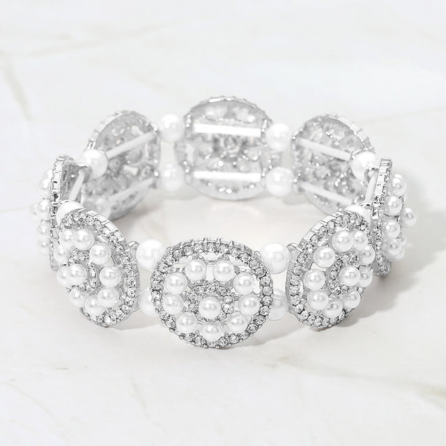 Madeline Love Rhodium, White Pearl Floral Beaded Stretch Evening Bracelet - Bracelets