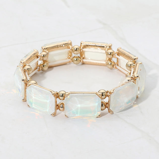 Madeline Love Gold, Opal, White Faceted Rectangular Gem Beaded Stretch Evening Bracelet