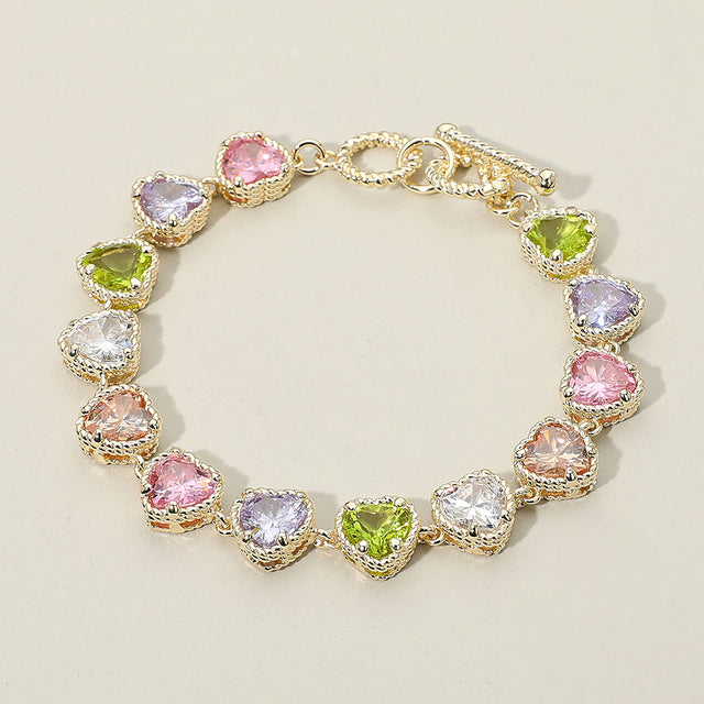 Madeline Love Gold, Light, Multi 14K Gold Plated CZ Heart Stone Cluster Link Toggle Bracelet