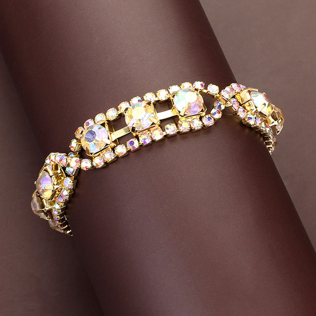 Madeline Love AB, Gold Round Glass Crystal Rhinestone Evening Bracelet