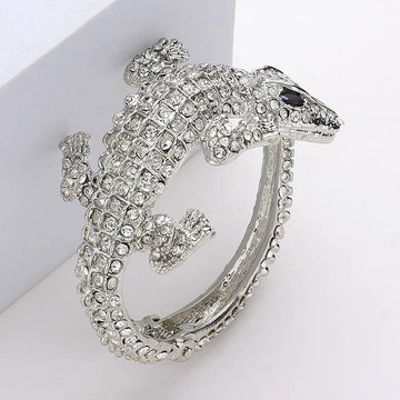 Madeline Love Clear, Silver Crystal Rhinestone Crocodile/Alligator Embellished Evening Hinged Cuff Bracelet - Bracelets