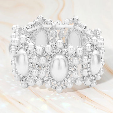 Madeline Love Rhodium, White Oval Pearl Accented Link Stretch Evening Bracelet - Bracelets