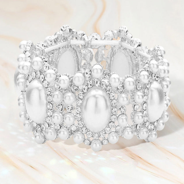 Madeline Love Rhodium, White Oval Pearl Accented Link Stretch Evening Bracelet - Bracelets