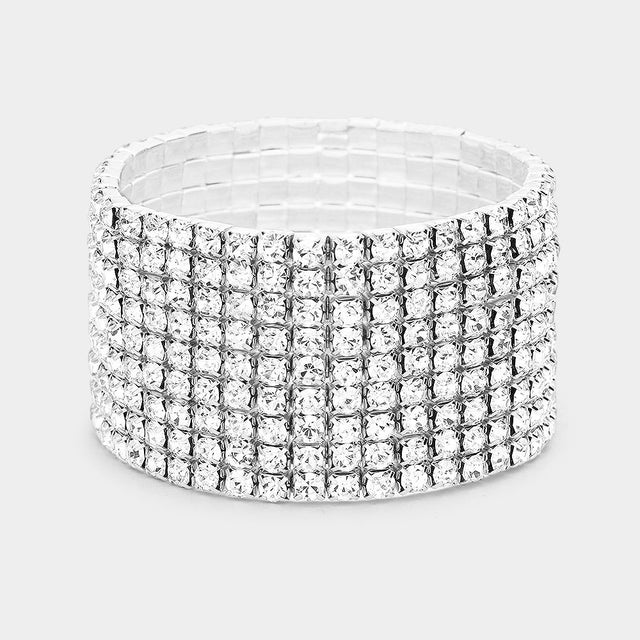 Madeline Love Clear, Silver 9-Row Rhinestone Stretchable Bracelet - Bracelets
