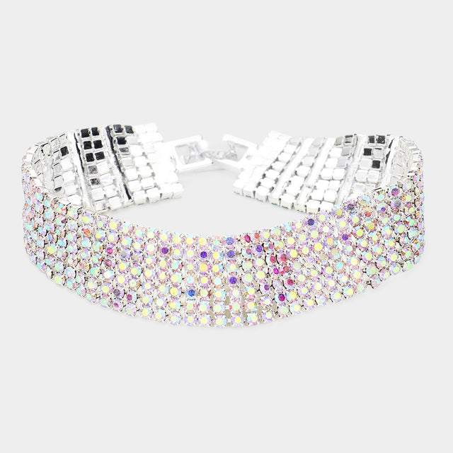 Madeline Love AB, Silver 7Rows Rhinestone Evening Bracelet - Bracelets