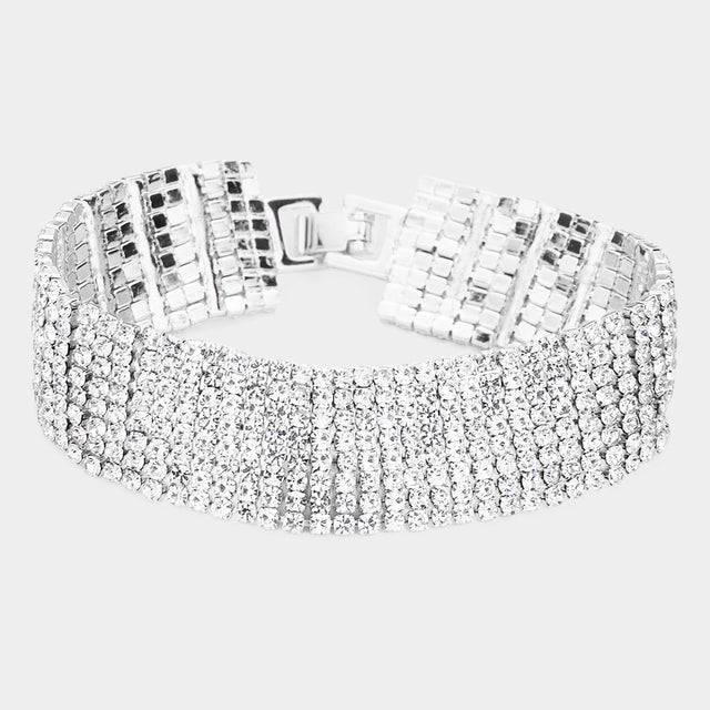 Madeline Love Clear, Silver 8Rows Rhinestone Evening Bracelet - Bracelets