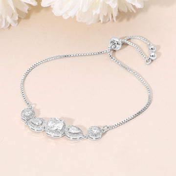 Madeline Love Clear, Silver Square CZ Cushion Center Teardrop Round Stone Link Adjustable Evening Bracelet - Bracelets
