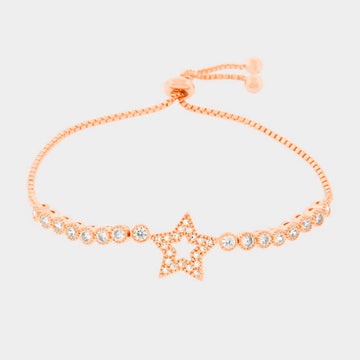 Madeline Love Clear, Rose Gold Cubic Zirconia Star Adjustable Pull Tie Evening Bracelet - Bracelets