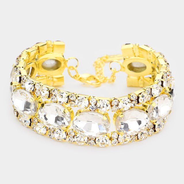 Madeline Love Clear, Gold Oval Crystal Rhinestone Evening Bracelet - Bracelets