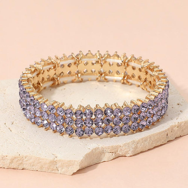 Madeline Love Gold, Lavender Triple Row Crystal Stretch Evening Bracelet