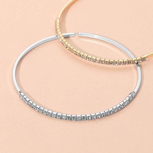 One Row Rhinestone Paved Bar Accent Adjustable Bangle Evening Bracelet - Rhodium
