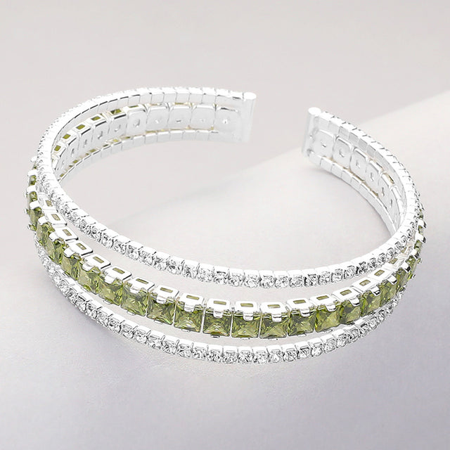 Madeline Love Clear, Peridot, Silver Square Cut CZ Stone Accented Split Evening Bracelet - Bracelets