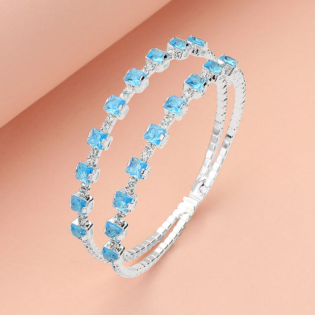 Madeline Love Silver, Turquoise Square CZ Stone Cluster Accented Split Adjustable Evening Bracelet - Bracelets