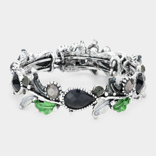 Glass Crystal and Metal Vine Open Adjustable Bracelet - Antique Silver, Black
