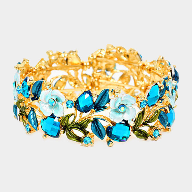 Madeline Love Blue, Gold Glass Crystal Metal Flower Leaf Evening Bracelet