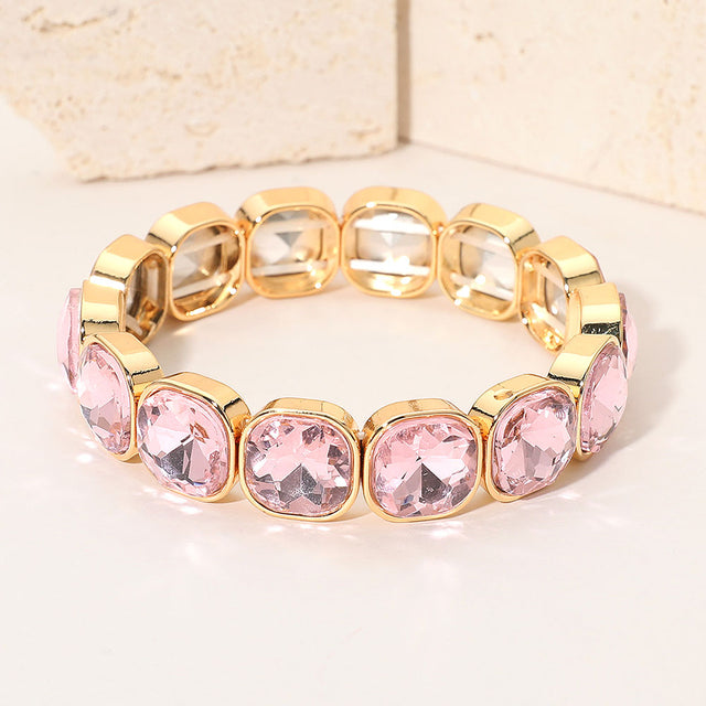 Madeline Love Gold, Pink Square Cut Gem Beaded Stretch Evening Bracelet