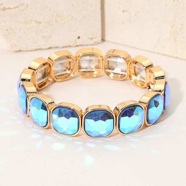 Madeline Love AB, Gold, Sapphire Square Cut Gem Beaded Stretch Evening Bracelet