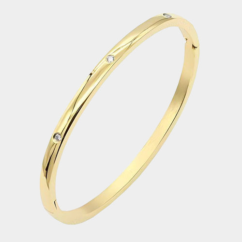Rhinestone Embellished Stainless Steel Bangle Bracelet - Gold