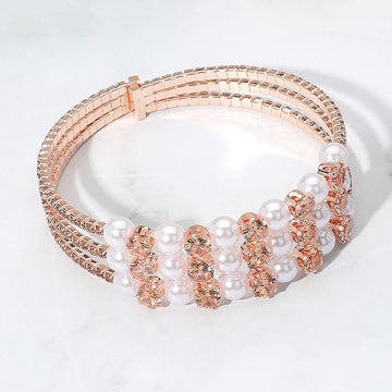 Madeline Love Peach Pearl Stone Bezel Point Rhinestone Paved Split Adjustable Evening Bracelet - Bracelets