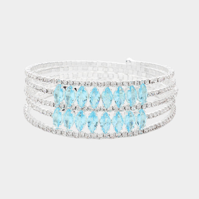 Madeline Love Silver, Turquoise CZ Marquise Stone Accented Rhinestone Paved Adjustable Evening Bracelet - Bracelets