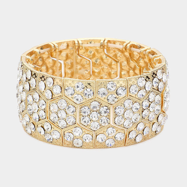 Madeline Love Clear, Gold Crystal Rhinestone Paved Honey Comb Evening Stretch Bracelet