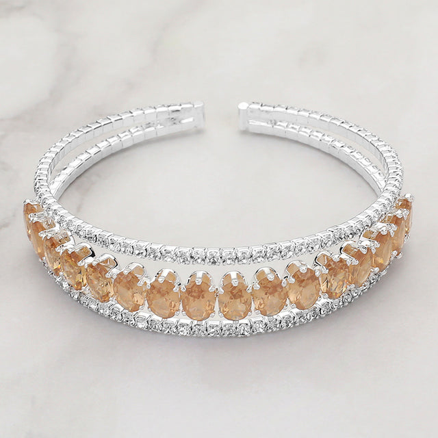 Madeline Love Clear, Lt Col Topaz, Silver CZ Oval Stone Accented Evening Cuff Bracelet