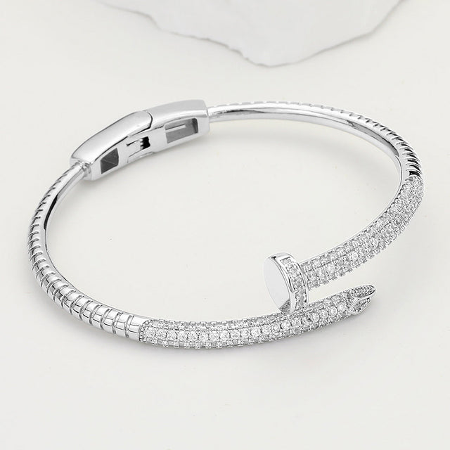 Madeline Love Rhodium CZ Stone Paved Nail Hinged Bangle Bracelet - Bracelets