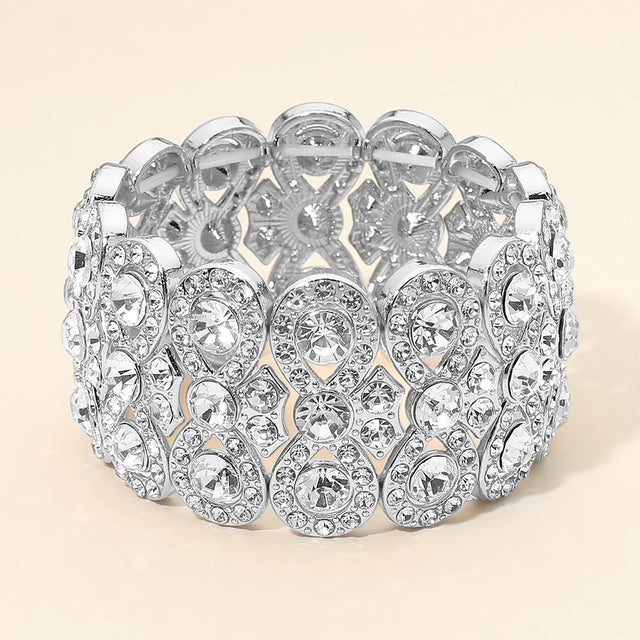 Madeline Love Clear, Silver Rhinestone Embellished Wide Stretch Evening Bracelet