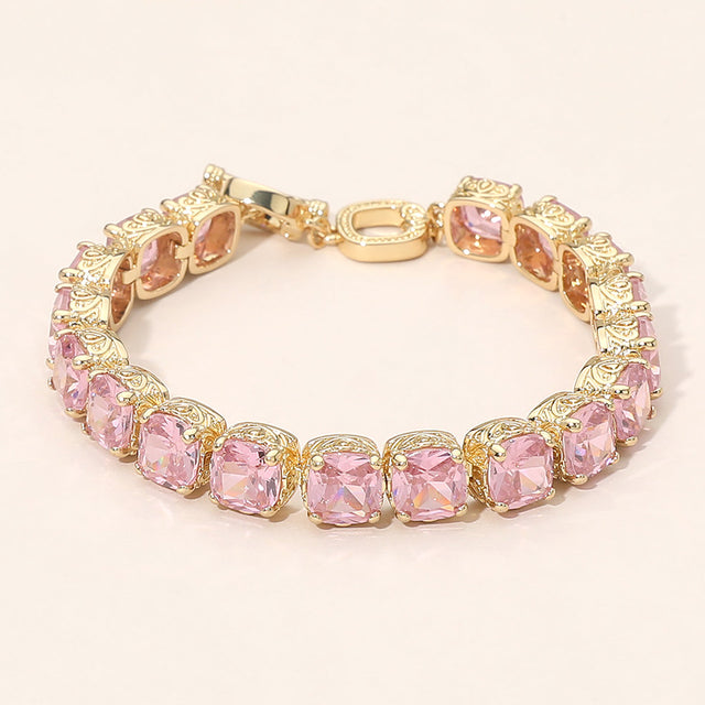 Madeline Love Gold, Pink Square CZ Link Tennis Toggle Bracelet