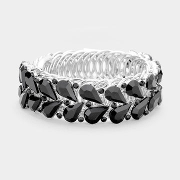 Madeline Love Black, Rhodium Crystal Teardrop Cluster Adjustable Evening Bracelet - Bracelets