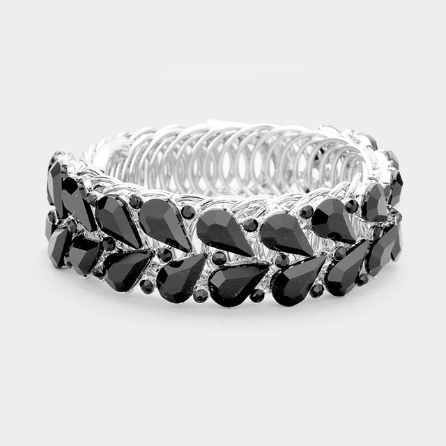 Madeline Love Black, Rhodium Crystal Teardrop Cluster Adjustable Evening Bracelet - Bracelets