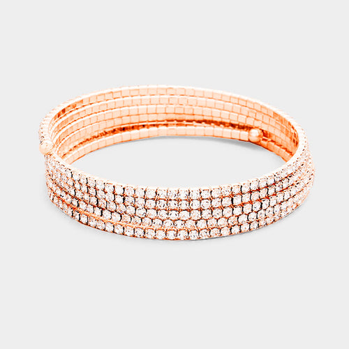 5Rows Crystal Rhinestone Pave Coil Bracelet - Clear, Rose Gold