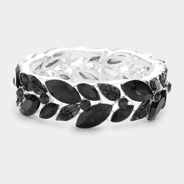 Madeline Love Black Leaf Accented Marquise Stone Stretch Evening Bracelet - Bracelets