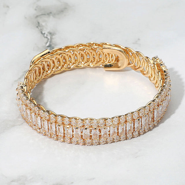 Madeline Love Clear, Gold Marquise Emerald Cut CZ Stone Link Adjustable Evening Bracelet