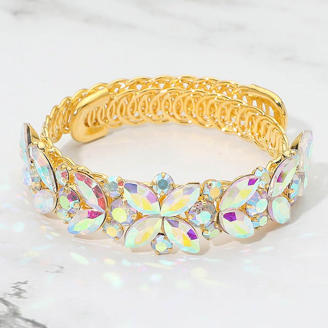 Madeline Love AB, Gold Floral Marquise Round Stone Cluster Adjustable Evening Bracelet - Bracelets