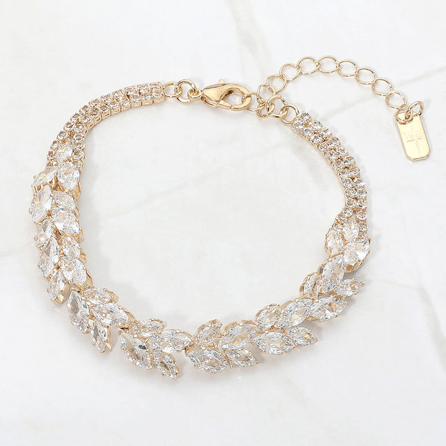 Madeline Love Clear, Gold Marquise CZ Cluster Leaf Vine Evening Bracelet