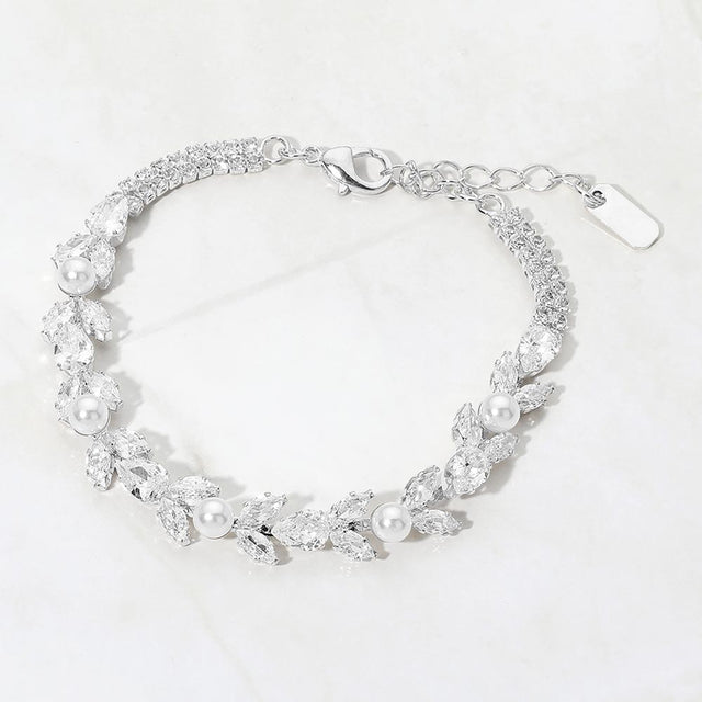 Madeline Love Silver, White Marquise CZ Cluster Pearl Vine Evening Bracelet