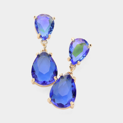 Women's Double Teardrop Link Dangle Evening Earrings - Gold, Sapphire