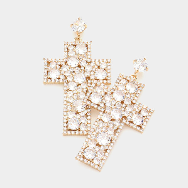 Madeline Love Gold CZ Cross Dangle Evening Earrings