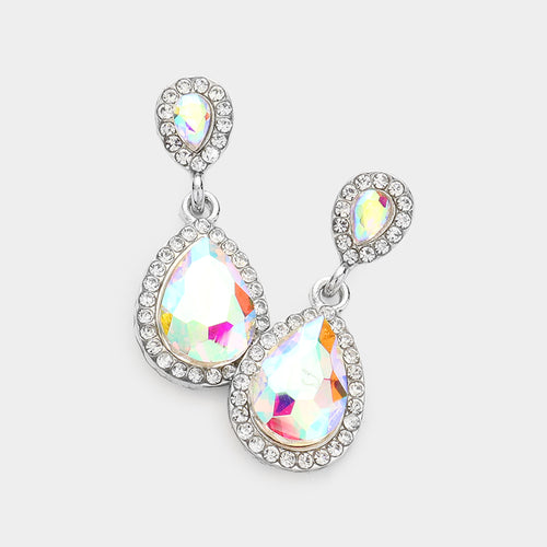 Double Teardrop Stone Evening Earrings - AB, Silver