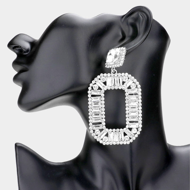 Madeline Love Silver Round Rectangle Stone Cluster Open Octagon Dangle Evening Earrings