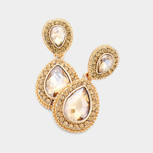 Women's Rhinestone Trim Teardrop Evening Dangle Earrings - Gold, Lt Col Topaz