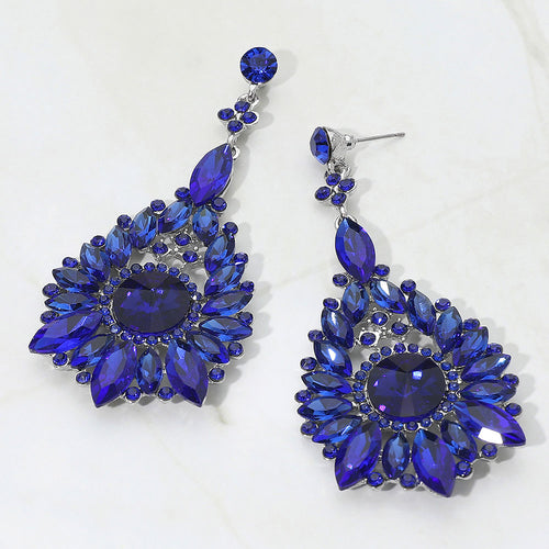 Elegant Marquise Round Stone Cluster Teardrop Evening Earrings - Blue