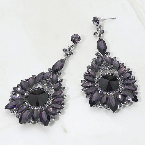 Elegant Marquise Round Stone Cluster Teardrop Evening Earrings - Purple